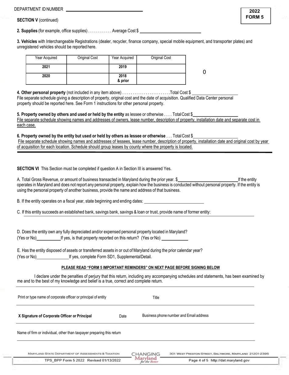 Form 5 Annual Report and Personal Property Return - Banks, Savings Banks, Savings  Loans and Trust Companies - Maryland, Page 4