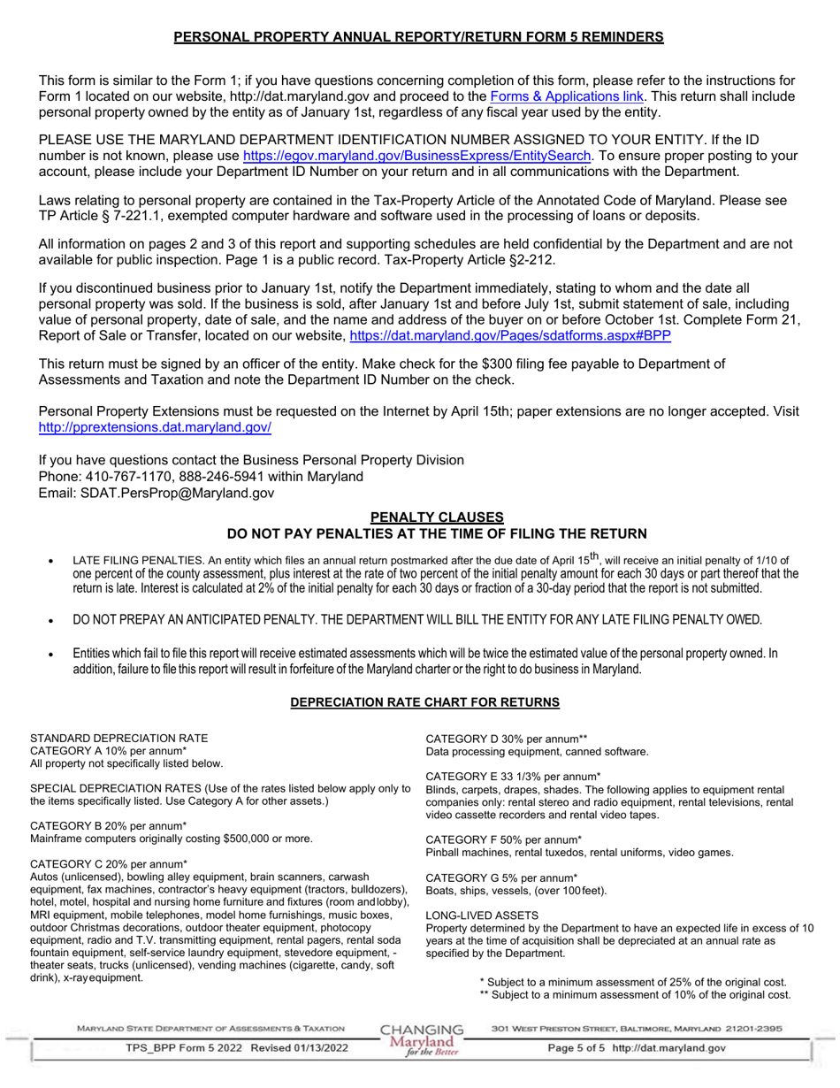 Form 5 Annual Report and Personal Property Return - Banks, Savings Banks, Savings  Loans and Trust Companies - Maryland, Page 5