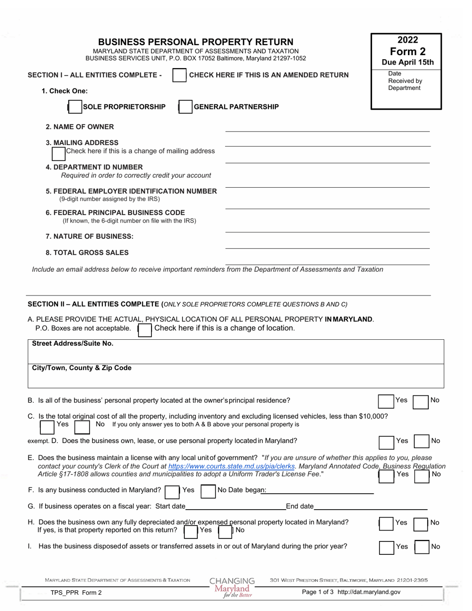Form 2 Business Personal Property Tax Return - Sole Proprietorship and General Partnerships - Maryland, Page 1