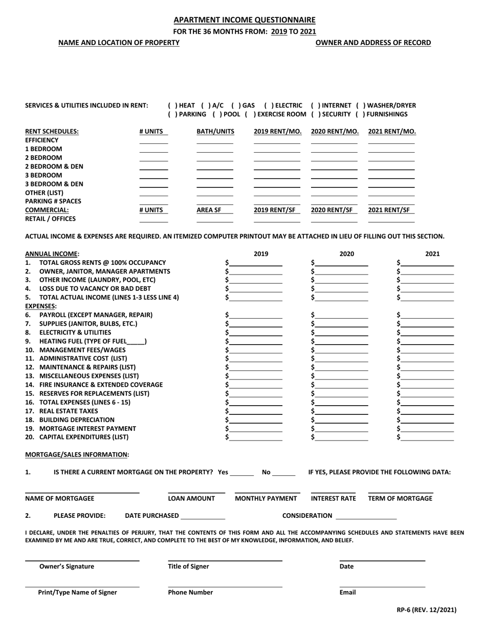 Form RP-6 Apartment Income Questionnaire - Maryland, Page 1
