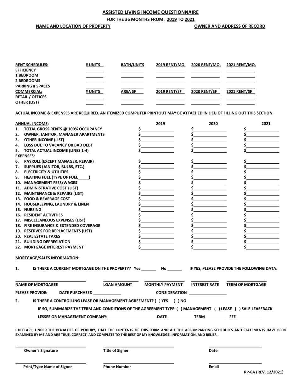 Form RP-6A Assisted Living Income Questionnaire - Maryland, Page 1