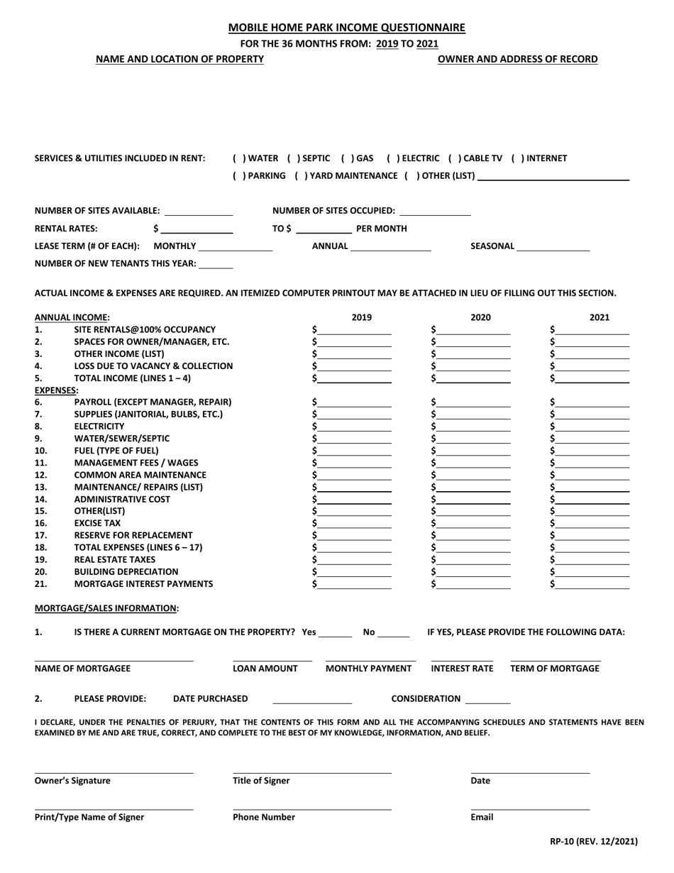 Form RP-10 Mobile Home Park Income Questionnaire - Maryland, Page 1