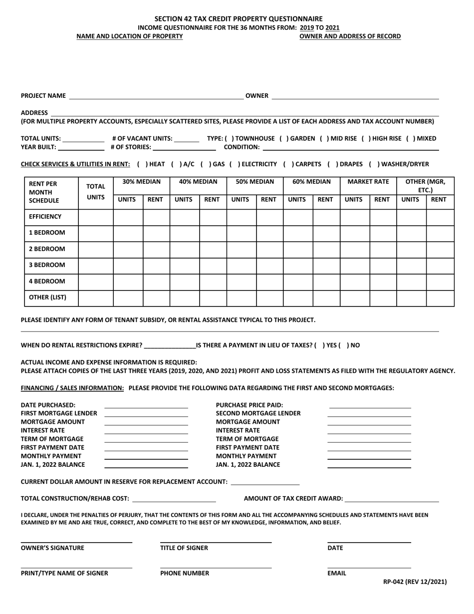 Form RP-042 Section 42 Tax Credit Property Questionnaire - Maryland, Page 1