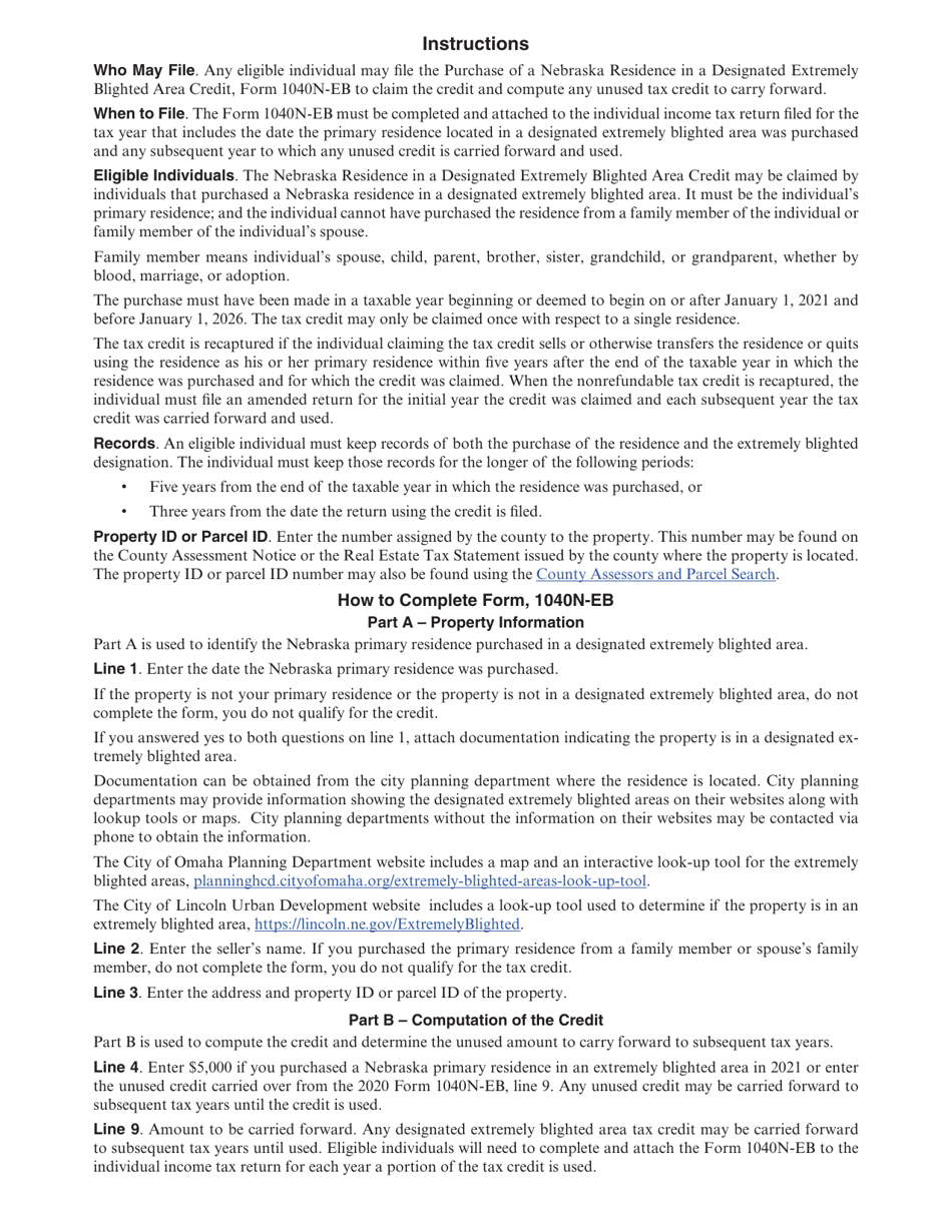 Form 1040N-EB Purchase of a Nebraska Residence in a Designated Extremely Blighted Area Credit - Nebraska, Page 2