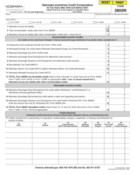 Form 3800N Nebraska Incentives Credit Computation for Tax Years After 2018 and Before 2021 - Nebraska