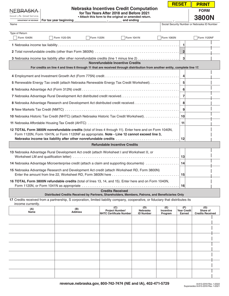 Form 3800N Nebraska Incentives Credit Computation for Tax Years After 2018 and Before 2021 - Nebraska, Page 1