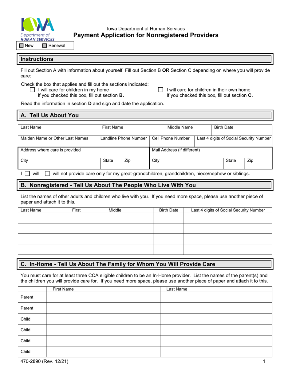 Form 470-2890 Payment Application for Nonregistered Providers - Iowa, Page 1
