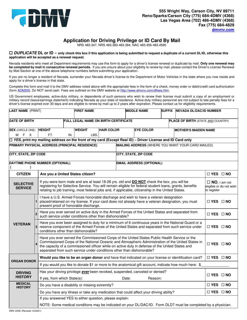 Form DMV204E Application for Driving Privilege or Id Card by Mail - Nevada, Page 1