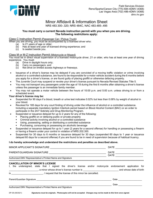 Form DP-38 Minor Affidavit & Information Sheet - Nevada