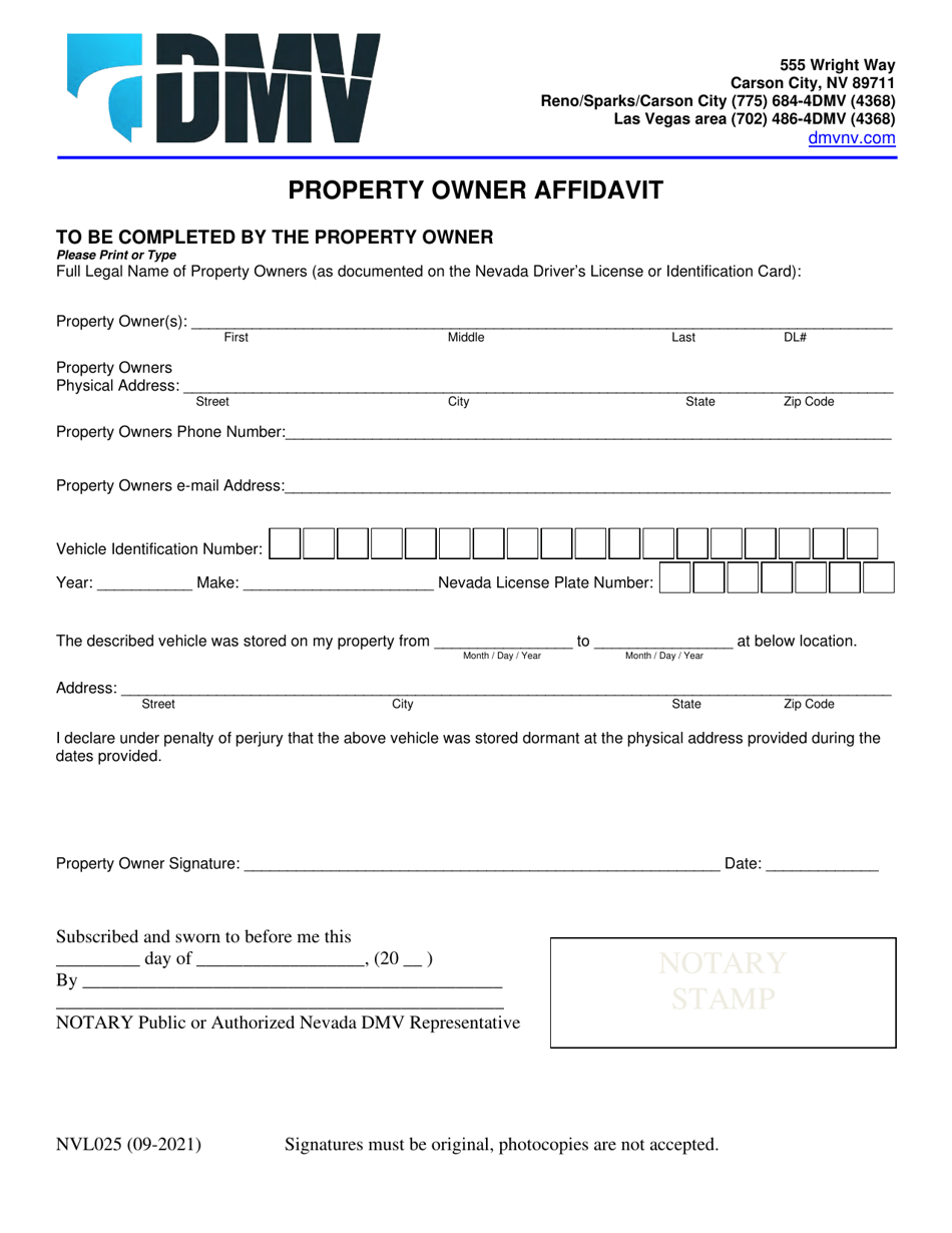 Form NVL025 Property Owner Affidavit - Nevada, Page 1