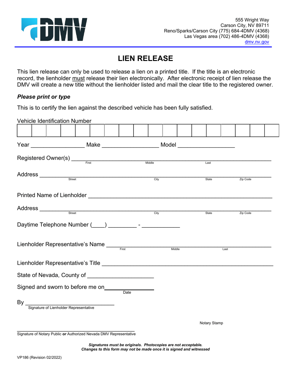 Form VP186 Lien Release - Nevada, Page 1