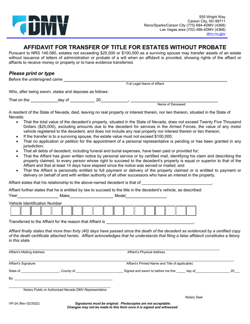 Form VP-24 Affidavit for Transfer of Title for Estates Without Probate - Nevada