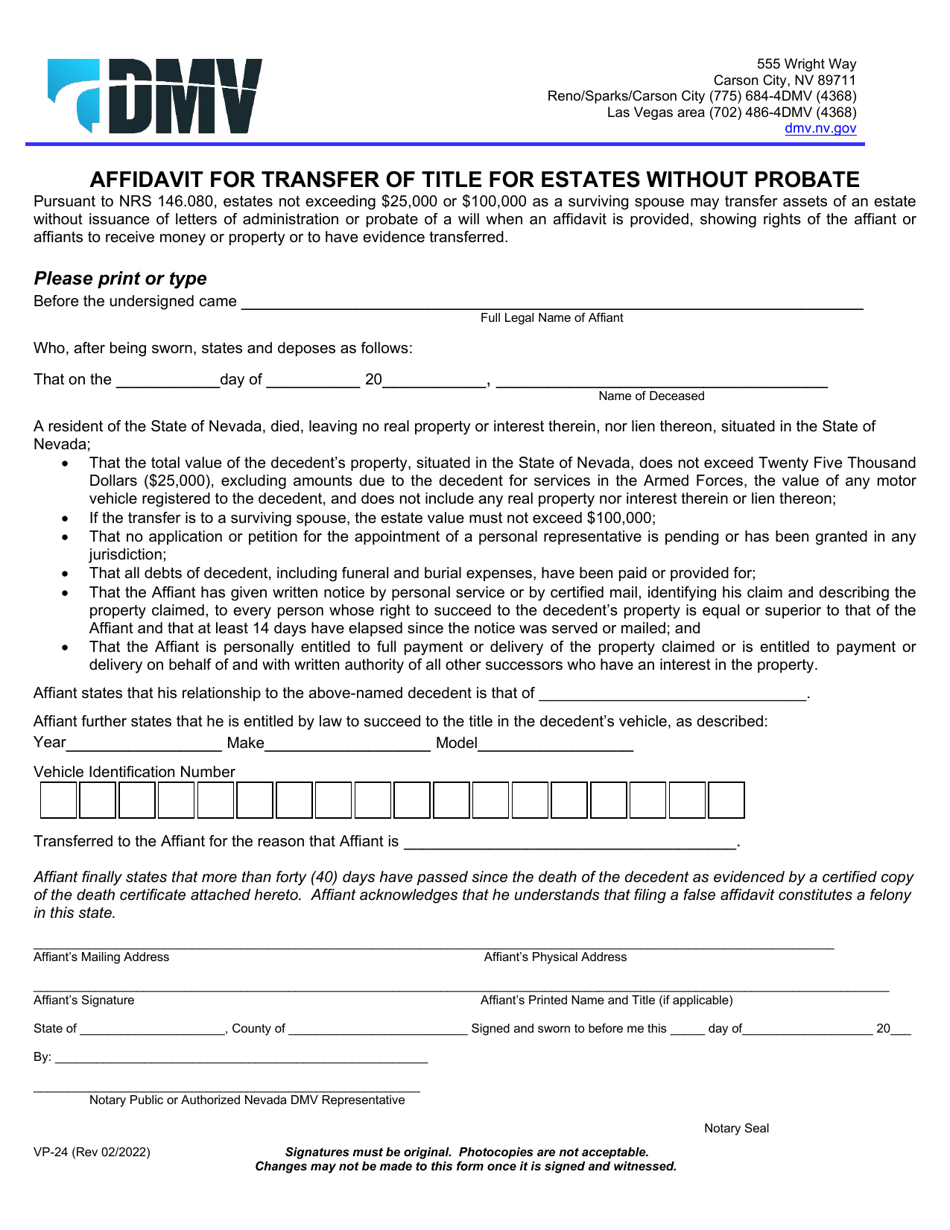 Form Vp 24 Download Fillable Pdf Or Fill Online Affidavit For Transfer Of Title For Estates 8062