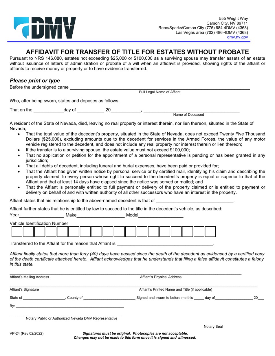 Form VP-24 Affidavit for Transfer of Title for Estates Without Probate - Nevada, Page 1