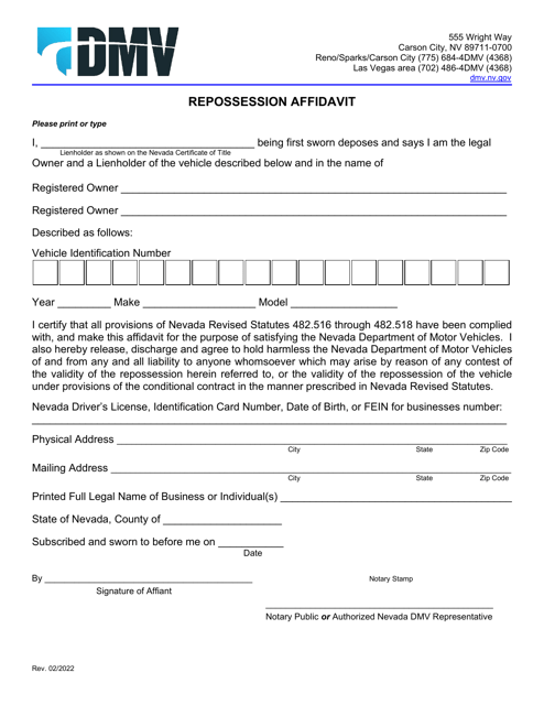 Form VP020 Repossession Affidavit - Nevada
