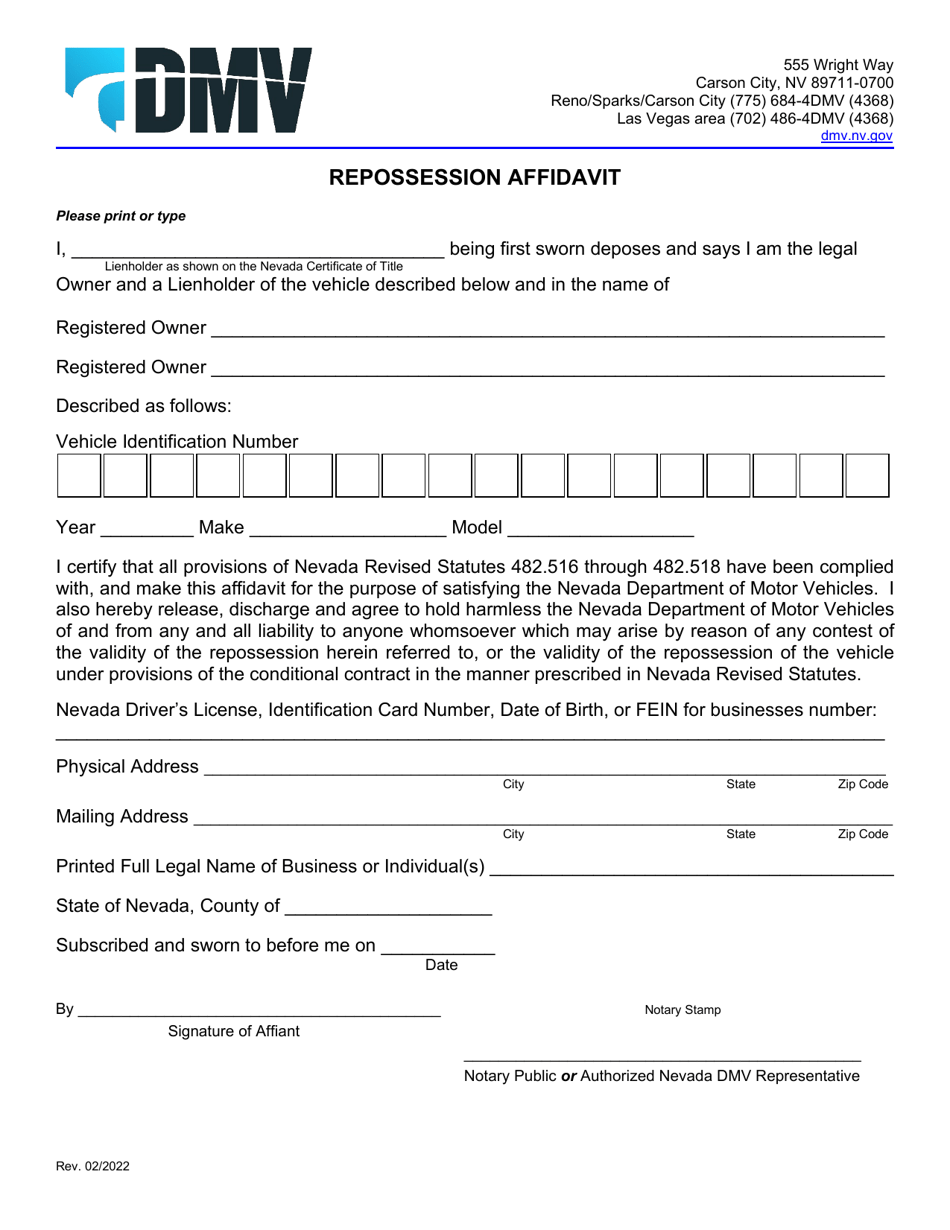 Form VP020 Repossession Affidavit - Nevada, Page 1