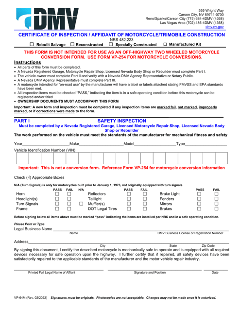 Form VP-64M Certificate of Inspection/Affidavit of Motorcycle/Trimobile Construction - Nevada