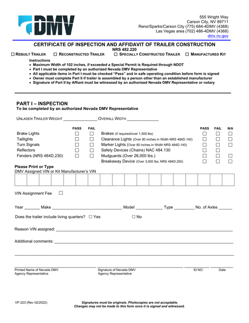Form VP223 Certificate of Inspection and Affidavit of Trailer Construction - Nevada