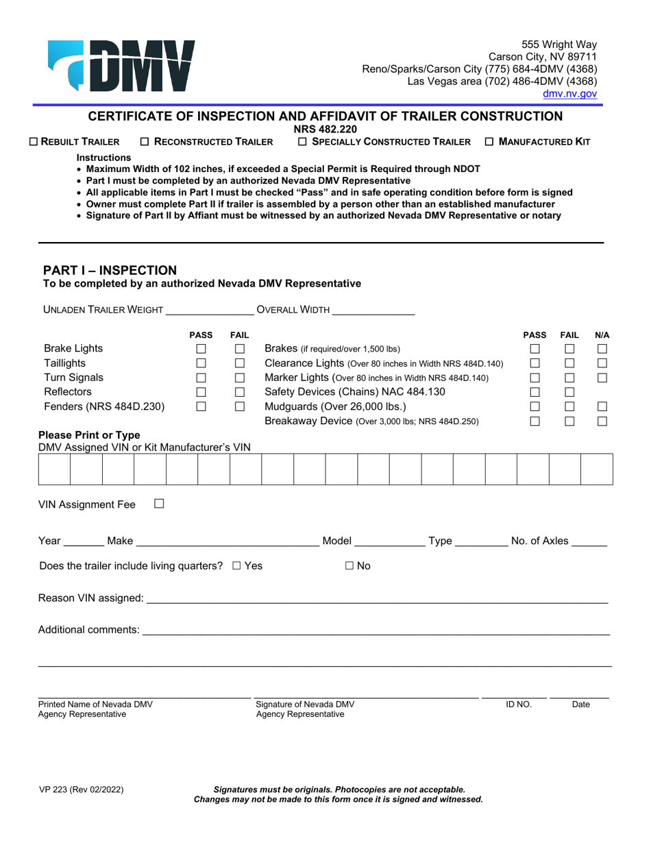 Form VP223 Certificate of Inspection and Affidavit of Trailer Construction - Nevada, Page 1