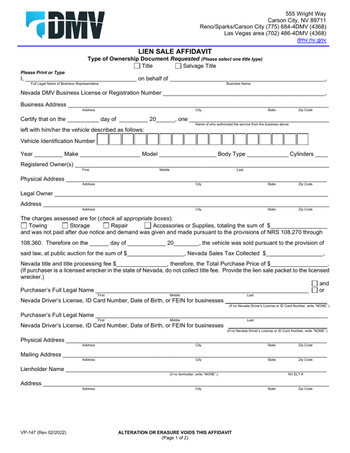 Form VP-147 Lien Sale Affidavit - Nevada