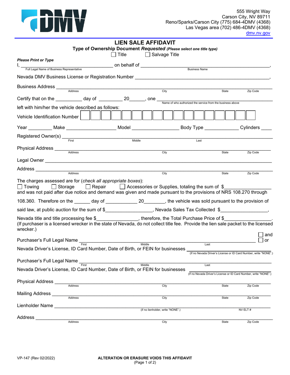 Form VP-147 Download Fillable PDF or Fill Online Lien Sale Affidavit ...