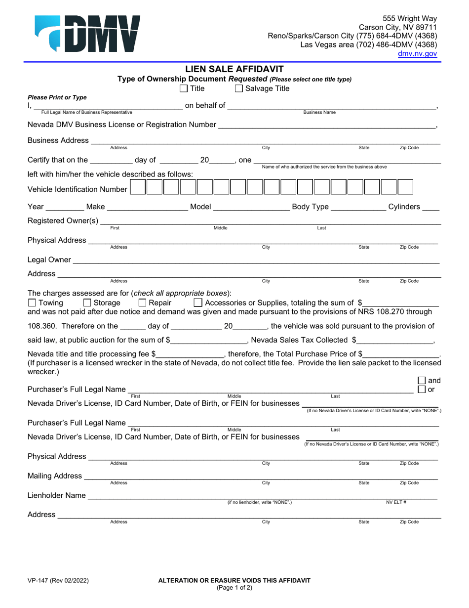 Form VP-147 Lien Sale Affidavit - Nevada, Page 1