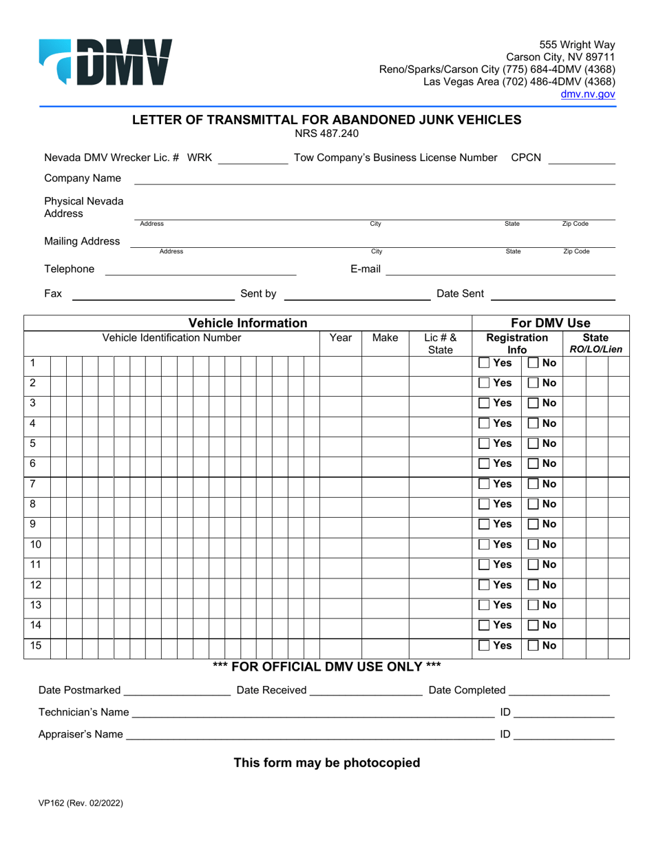 Form VP162 Letter of Transmittal for Abandoned Junk Vehicles - Nevada, Page 1
