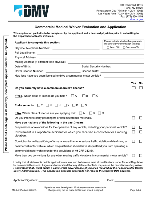 Form CDL-042 Commercial Medical Waiver Evaluation and Application - Nevada