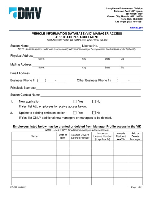 Form EC-027  Printable Pdf
