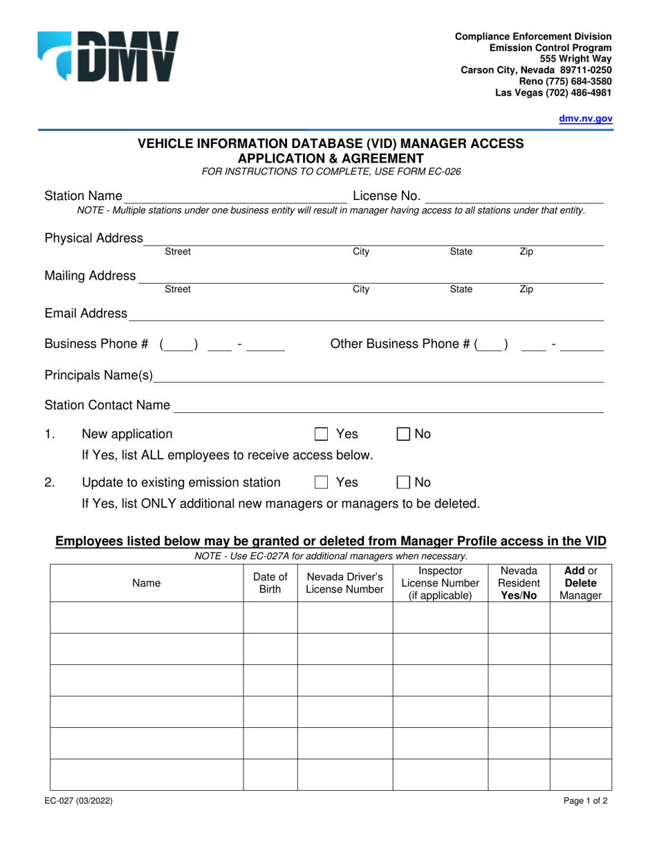 Form EC-027 Vehicle Information Database (Vid) Manager Access Application  Agreement - Nevada, Page 1