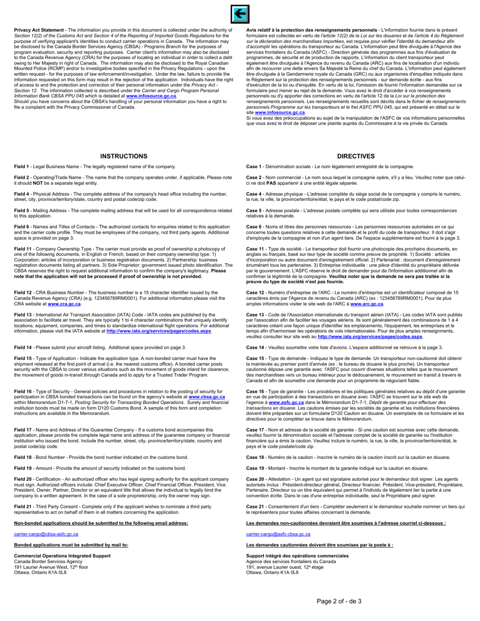 Form BSF329-1 Application to Transact Air Operations With the Canada Border Services Agency - Canada (English / French), Page 2