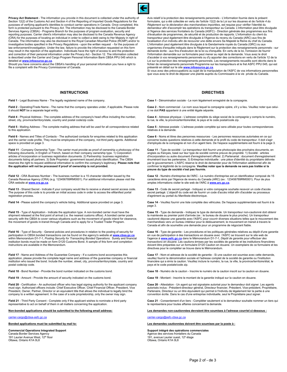 Form BSF329-7 Application to Transact Highway Operations With the Canada Border Services Agency - Canada (English / French), Page 2