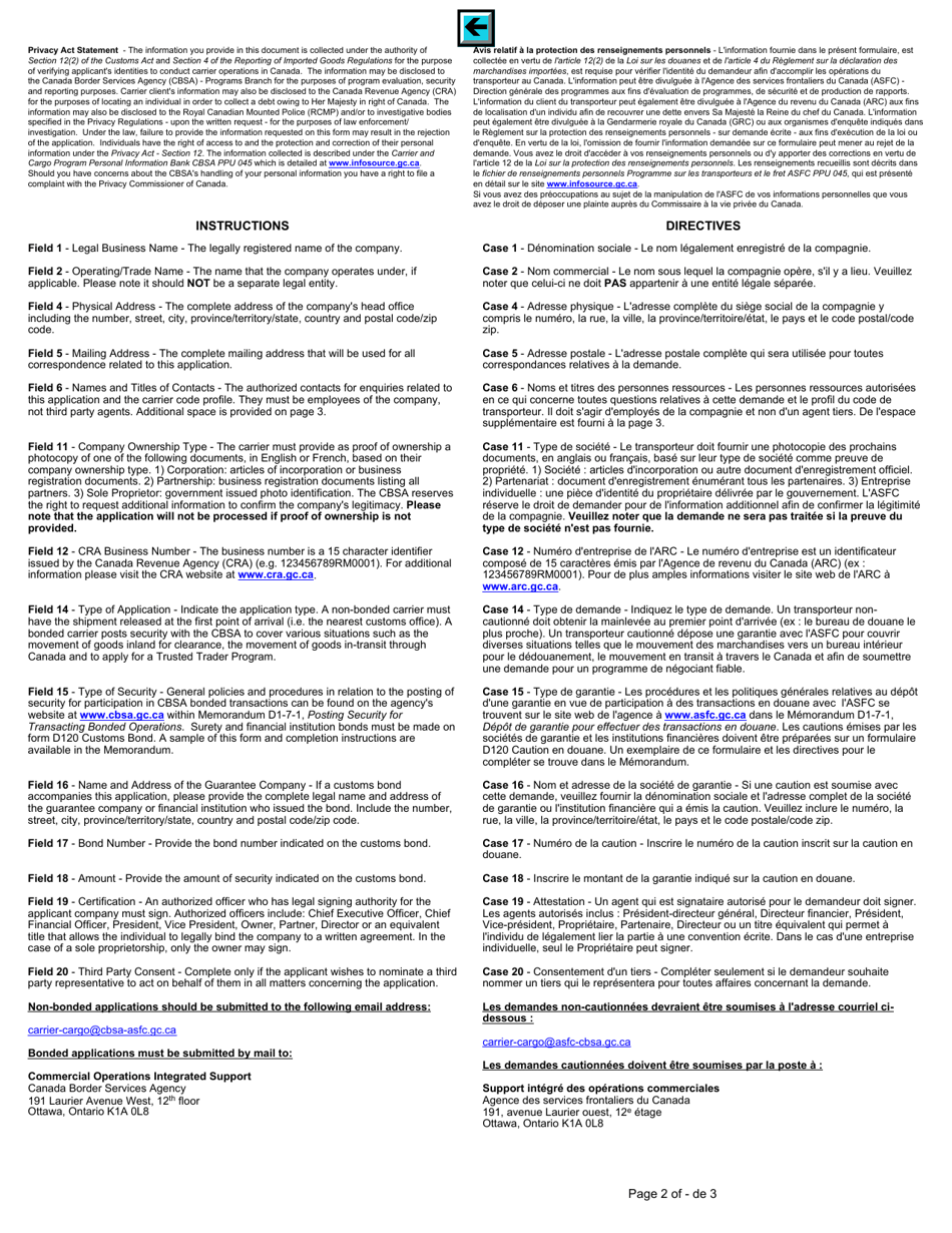 Form BSF329-5 Application to Transact Rail Operations With the Canada Border Services Agency - Canada (English / French), Page 2