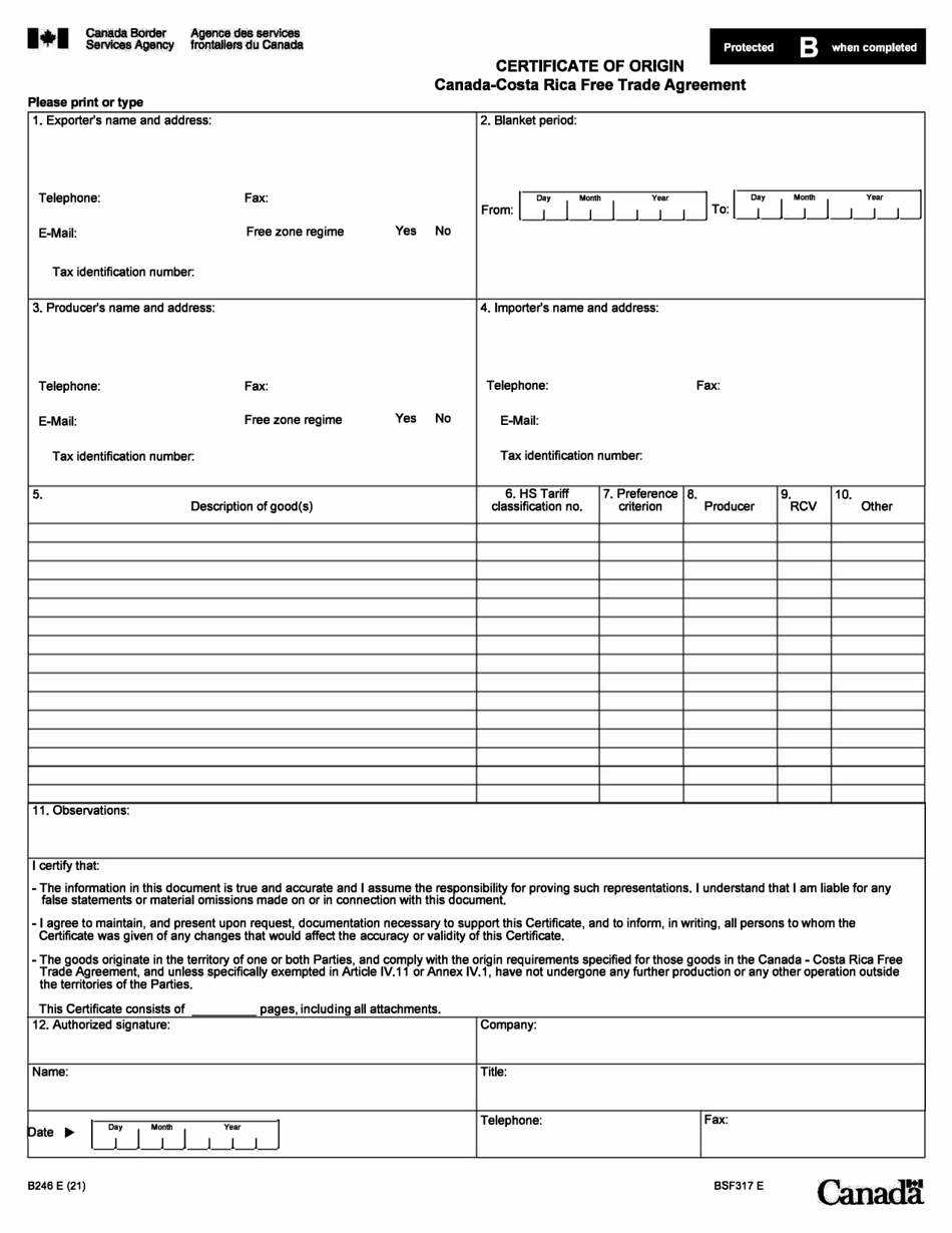 Form B246 Certificate of Origin - Canada-Costa Rica Free Trade Agreement - Canada, Page 1