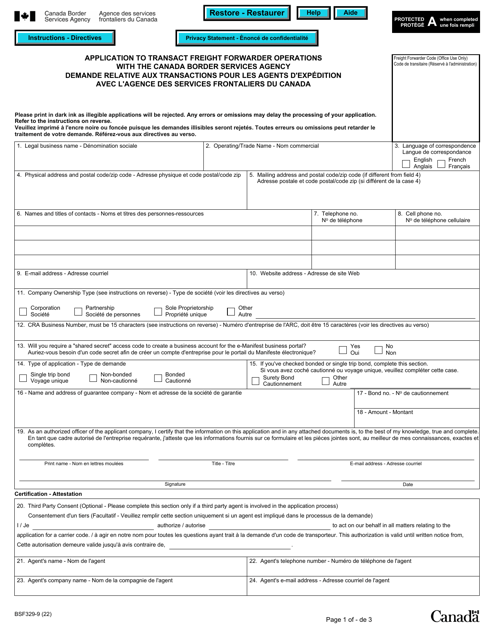 Form BSF329-9 Application to Transact Freight Forwarder Operations With the Canada Border Services Agency - Canada (English/French)