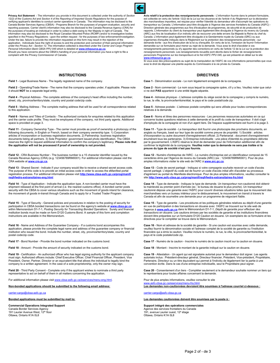 Form BSF329-9 Application to Transact Freight Forwarder Operations With the Canada Border Services Agency - Canada (English / French), Page 2