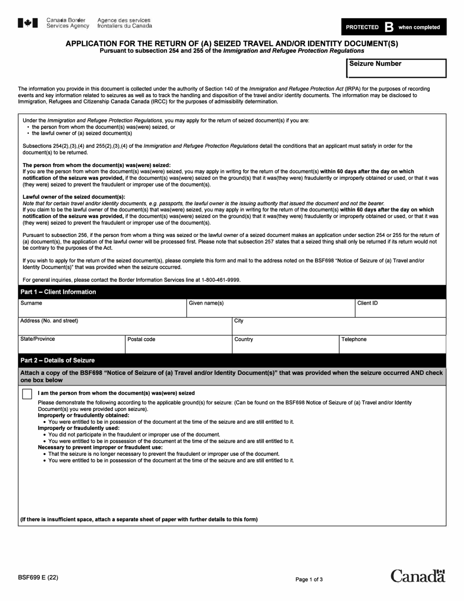 Form BSF699 Application for the Return of (A) Seized Travel and / or Identity Document(S) - Canada, Page 1