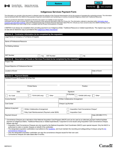 Form BSF833 Indigenous Services Payment Form - Canada