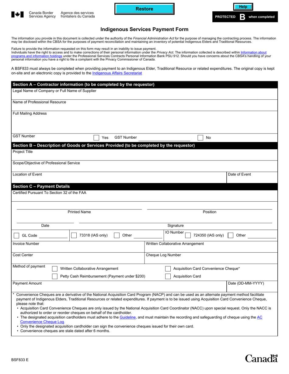 Form BSF833 Indigenous Services Payment Form - Canada, Page 1