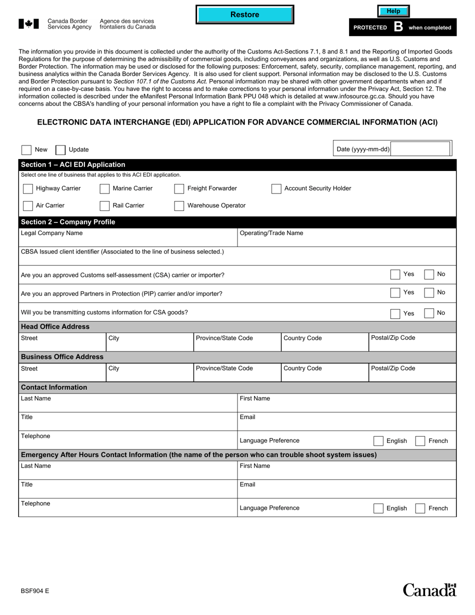 Form BSF904 Electronic Data Interchange (Edi) Application for Advance Commercial Information (Aci) - Canada, Page 1