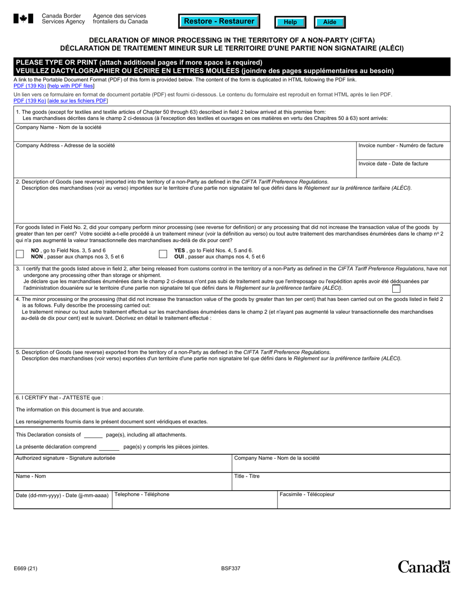 Form E669 (BSF337) Declaration of Minor Processing in the Territory of a Non-party (Cifta) - Canada (English / French), Page 1