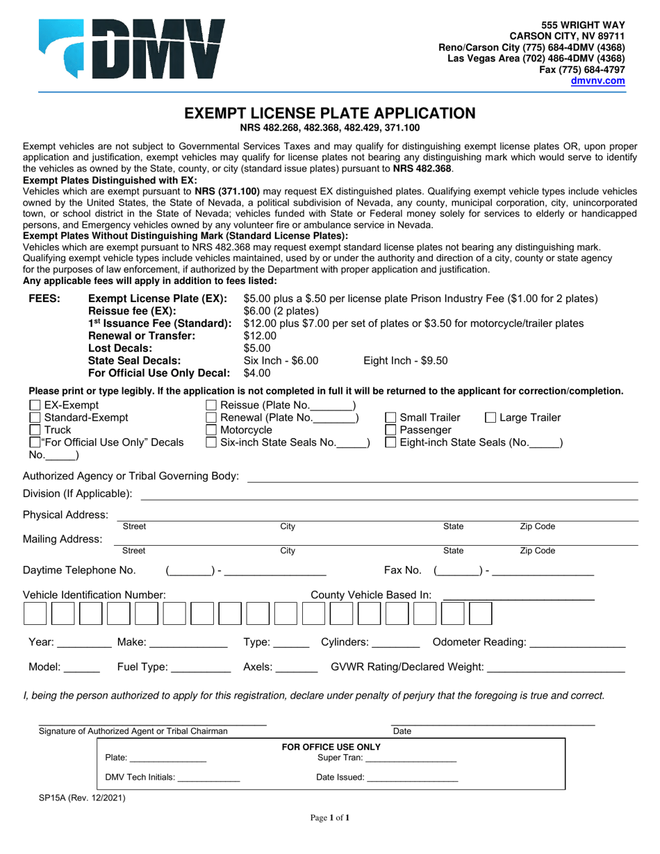 Form SP15A - Fill Out, Sign Online and Download Fillable PDF, Nevada ...