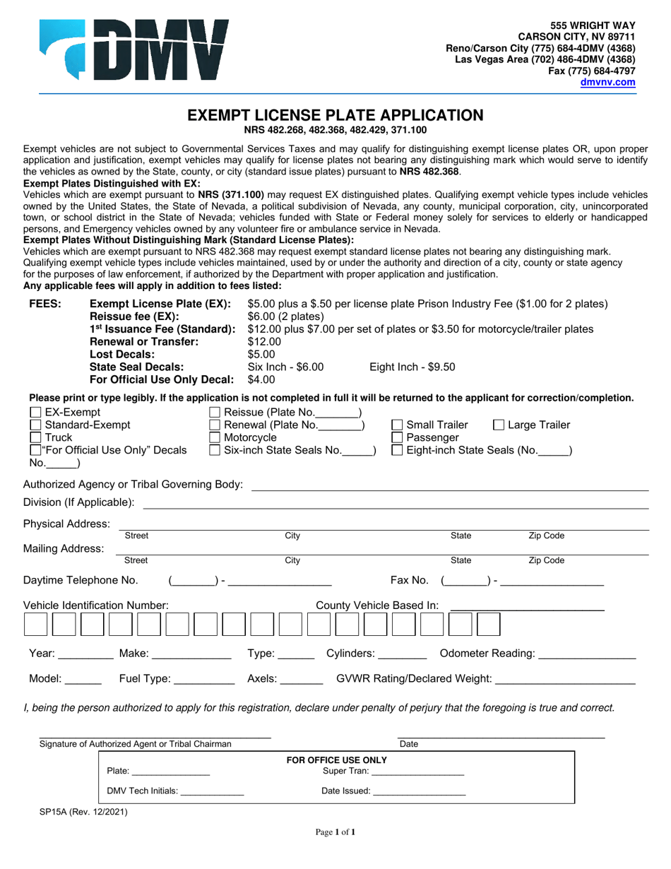 Form SP15A Exempt License Plate Application - Nevada, Page 1