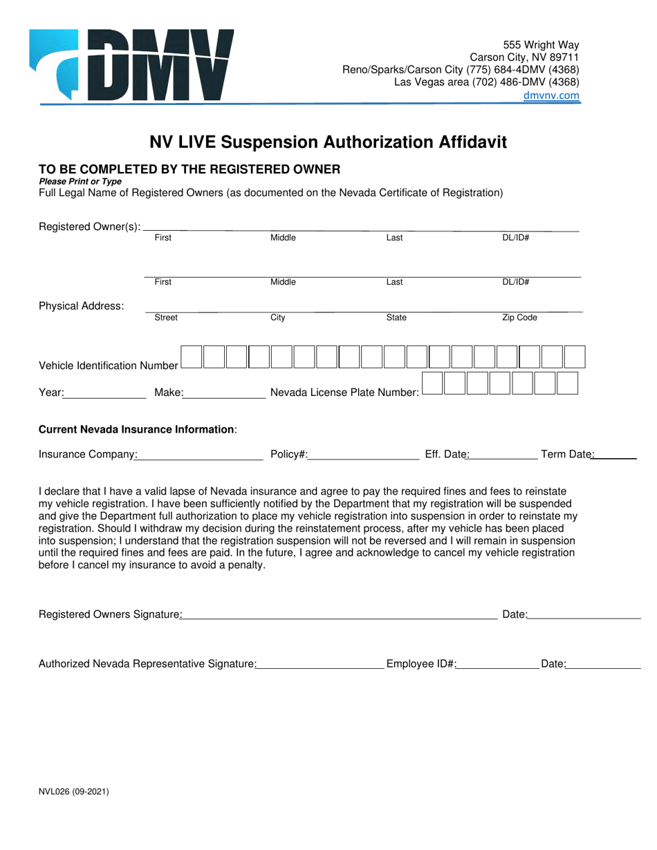 Form NVL026 Nv Live Suspension Authorization Affidavit - Nevada, Page 1