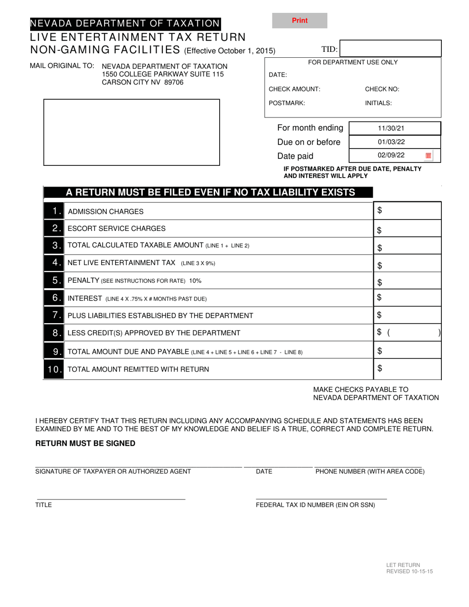 Live Entertainment Tax Return - Non-gaming Facilities - Nevada, Page 1