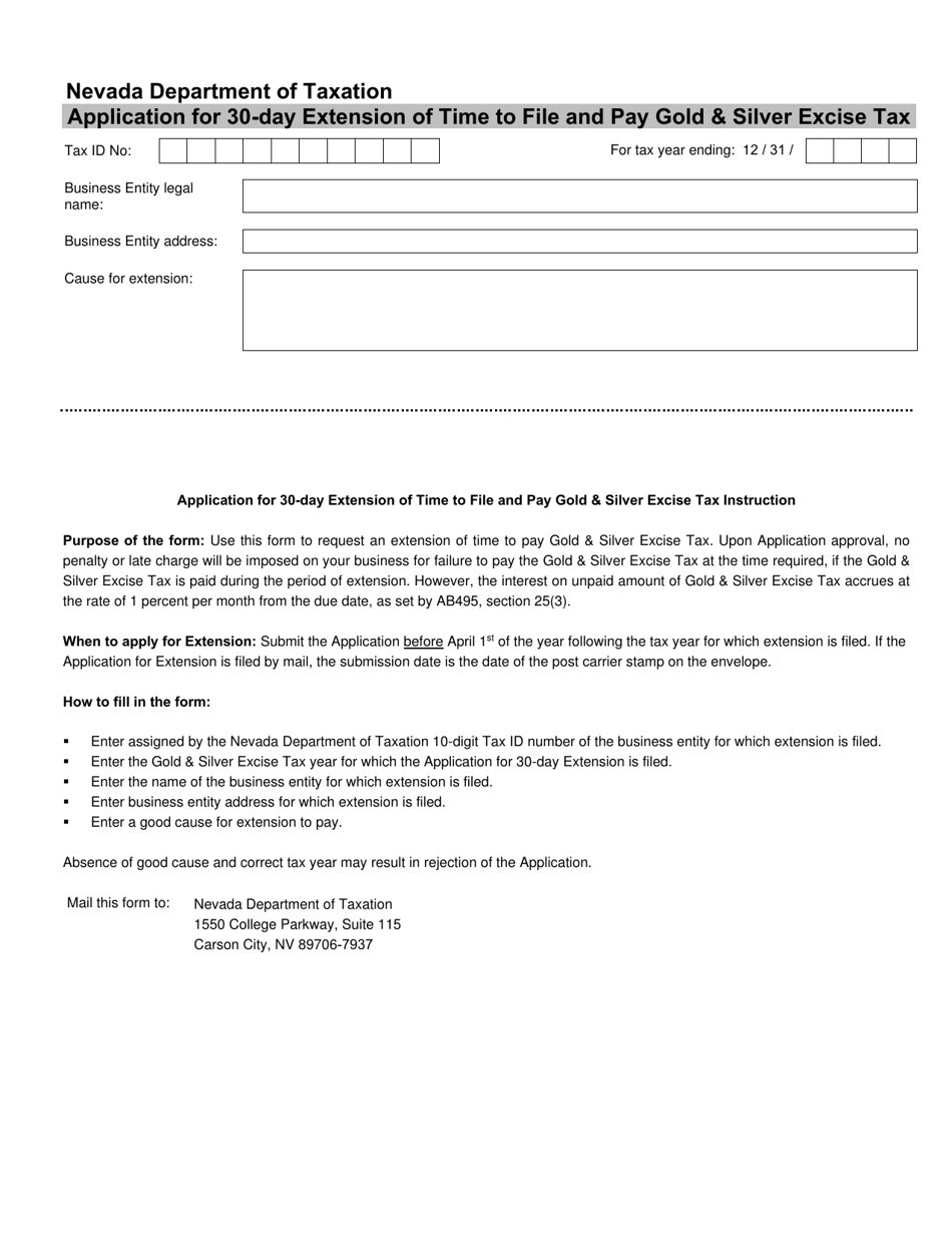 Application for 30-day Extension of Time to File and Pay Gold  Silver Excise Tax - Nevada, Page 1