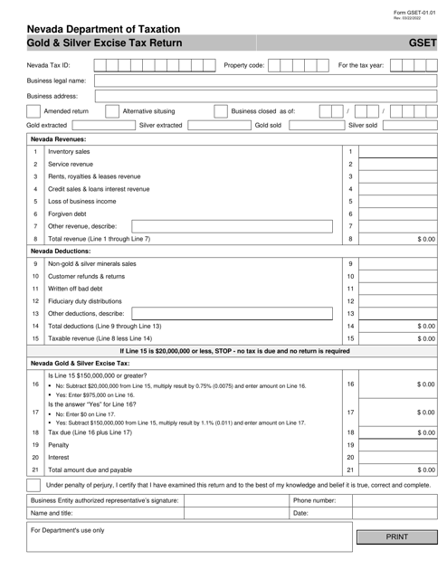 Form GSET-01.01 Gold & Silver Excise Tax Return - Nevada