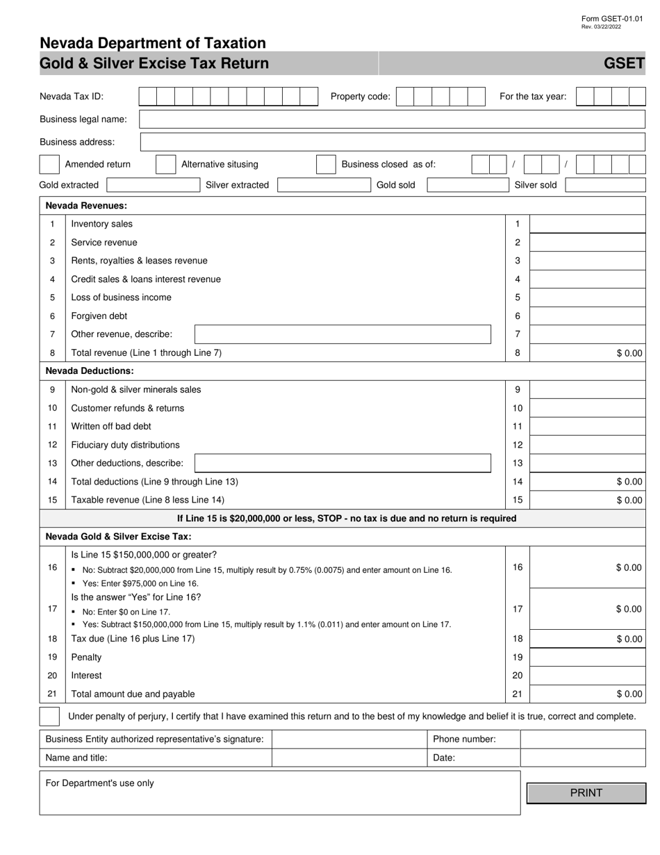 Form GSET-01.01 Gold  Silver Excise Tax Return - Nevada, Page 1