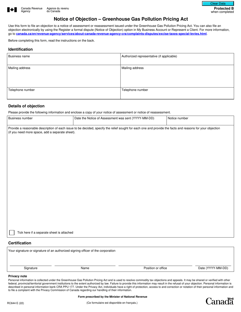 Form RC644 Notice of Objection - Greenhouse Gas Pollution Pricing Act - Canada, Page 1