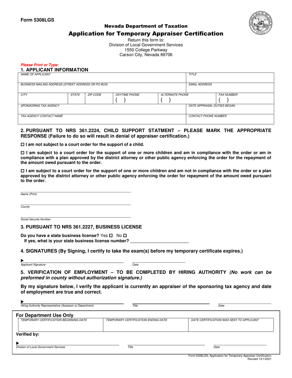 Form 5308LGS Application for Temporary Appraiser Certification - Nevada, Page 1